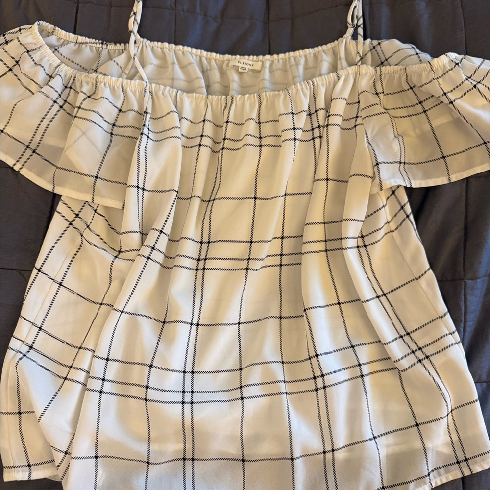 Pleione Black and White Plaid Off-Shoulder Blouse